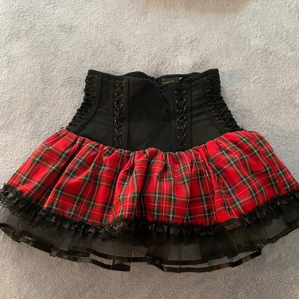 Fetish wear plaid corset with skirt XL